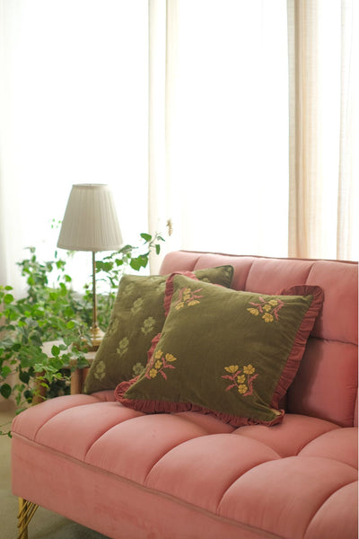 Sienna Forest Green Embroidered Velvet Cushion Cover
