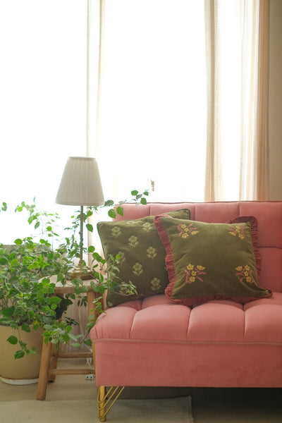 Sienna Forest Green Embroidered Velvet Cushion Cover