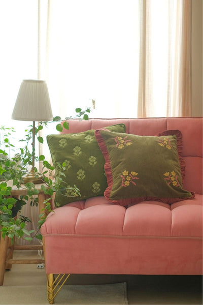 Lucia Forest Green Embroidered Velvet Cushion Cover