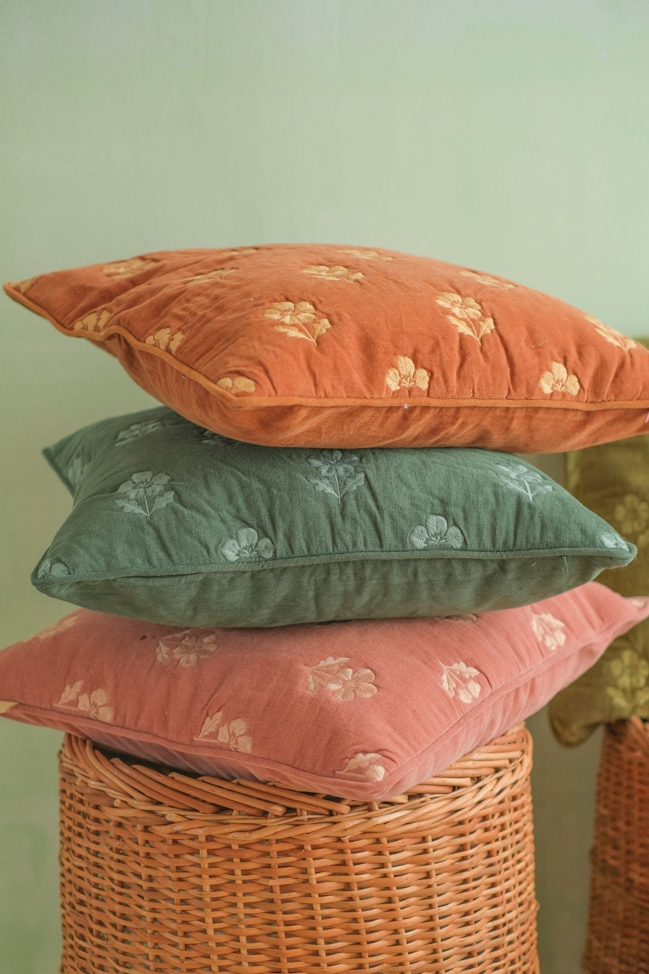 Lucia Eucalyptus Embroidered Velvet Cushion Cover