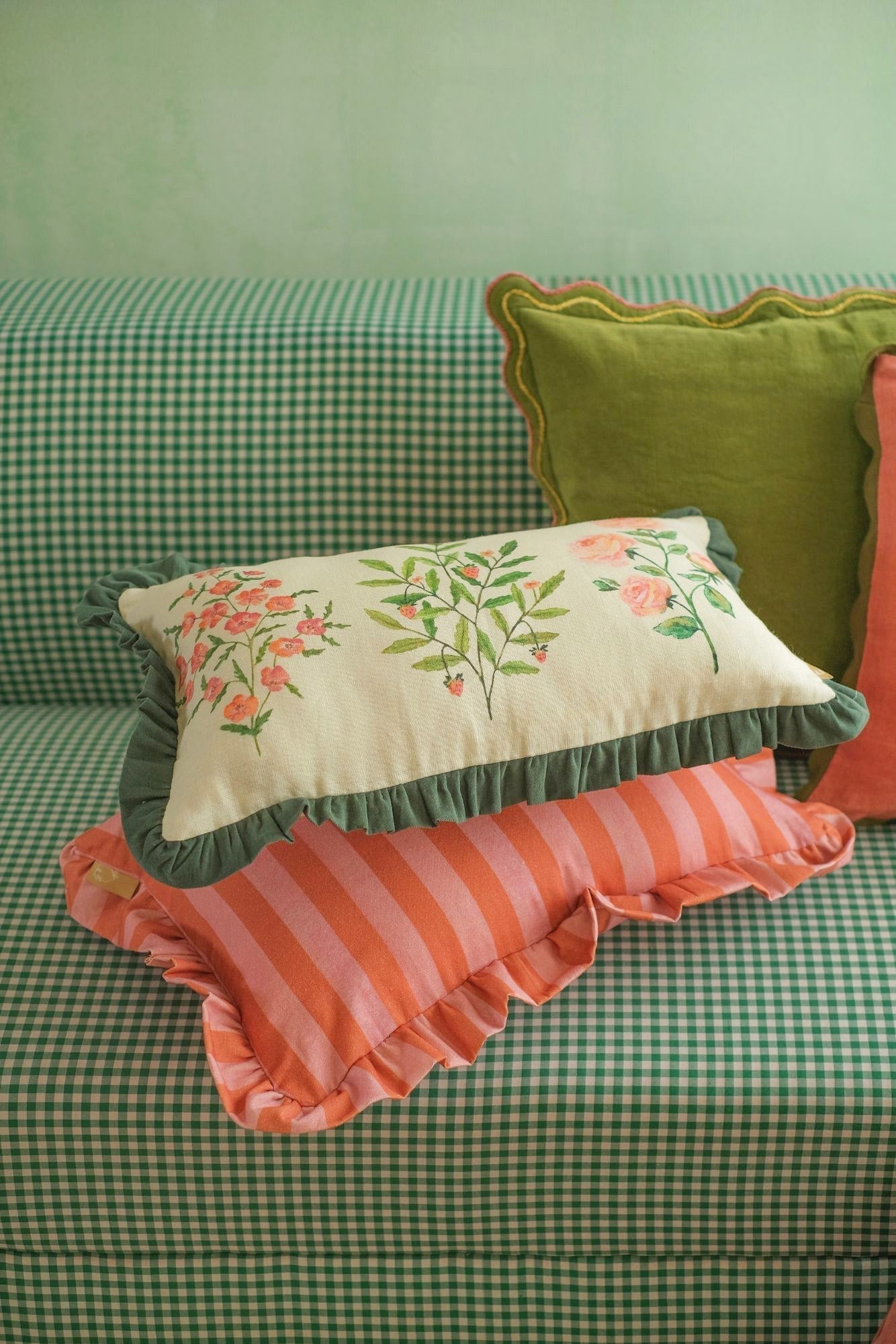 Aurora Scallop Forest Green Embroidered Cushion Cover