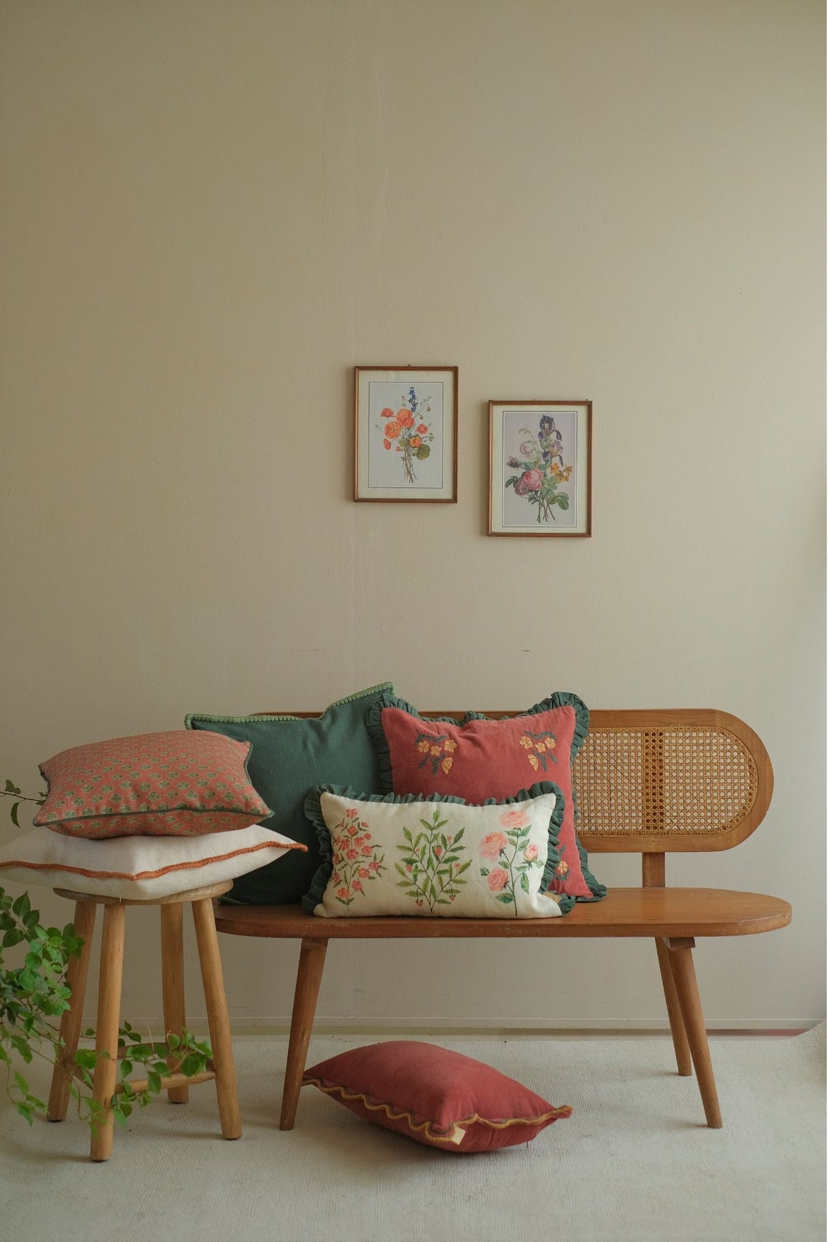 Aurora Scallop Carmine Embroidered Oblong Cushion Cover