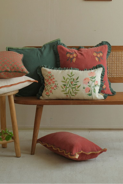 Aurora Scallop Carmine Embroidered Cushion Cover
