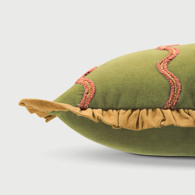 Aria Ruffle Forest Green Embroidered Oblong Cushion Cover