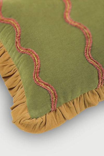 Aria Ruffle Forest Green Embroidered Oblong Cushion Cover