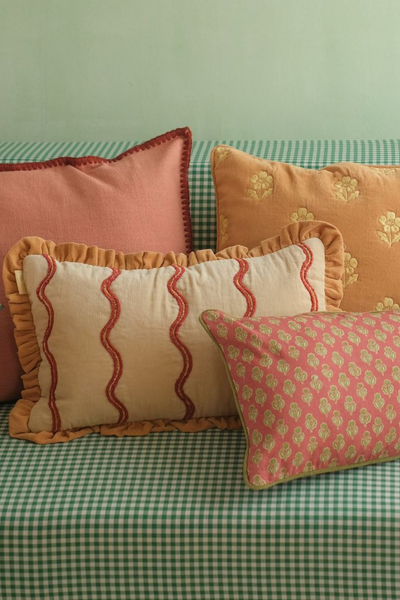 Aria Ruffle Oatmeal Embroidered Oblong Cushion Cover