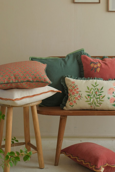 Sofia Eucalyptus Embroidered Cotton Cushion Cover