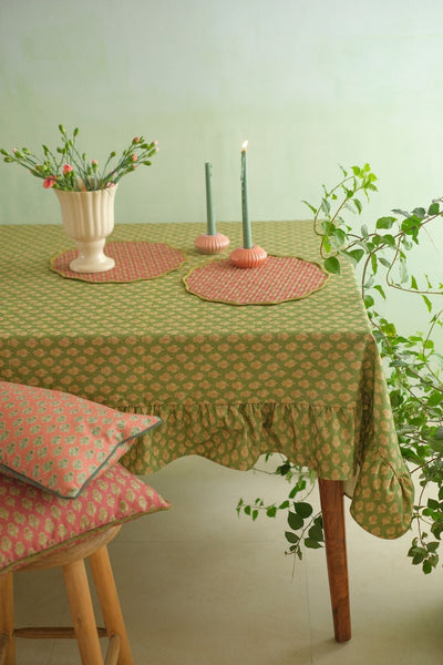Viola Ruffle Forest Green Cotton Table Cover