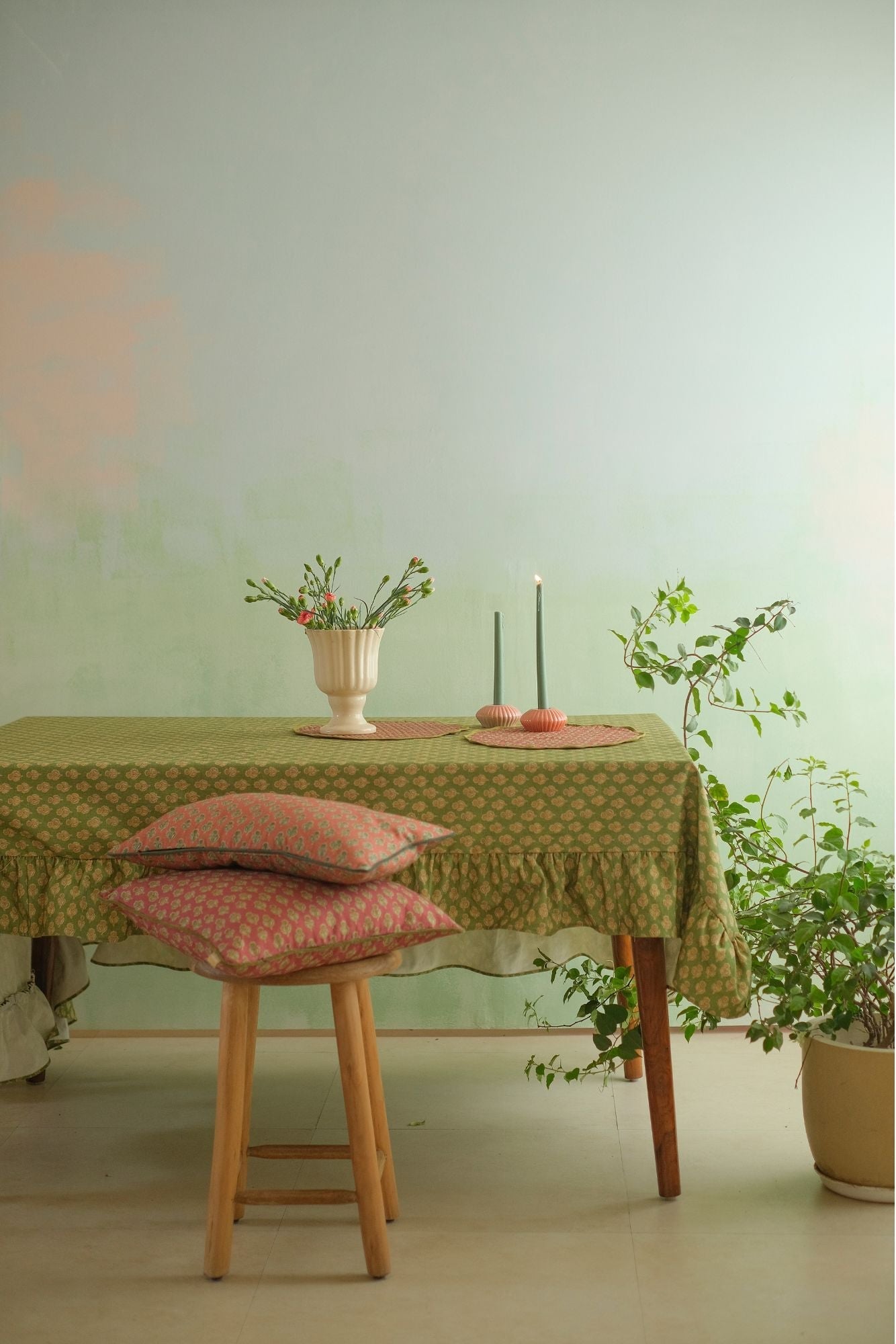 Viola Ruffle Forest Green Cotton Table Cover