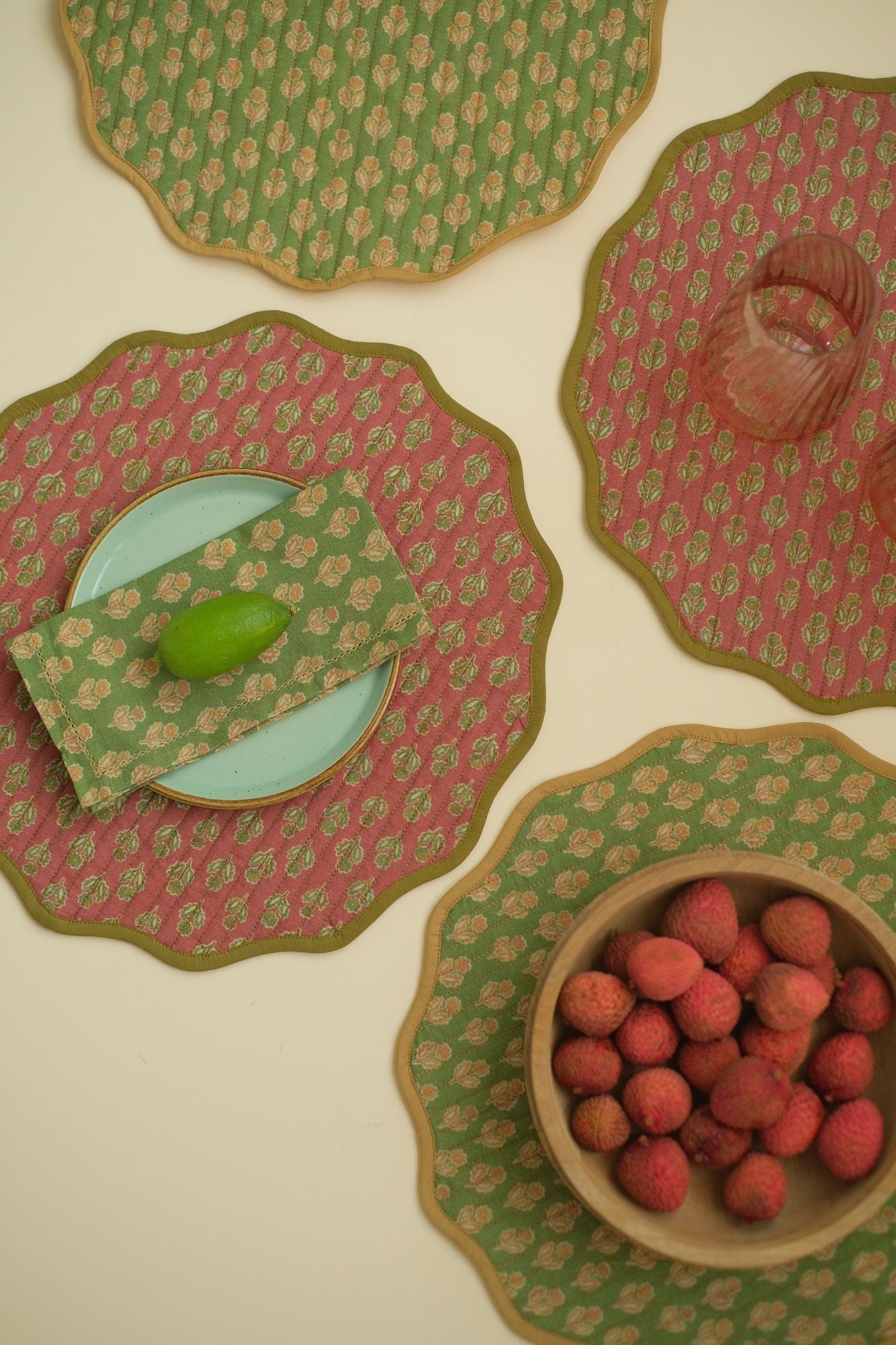 Viola Scallop Carmine Quilted Round Table Mats-Set of 2