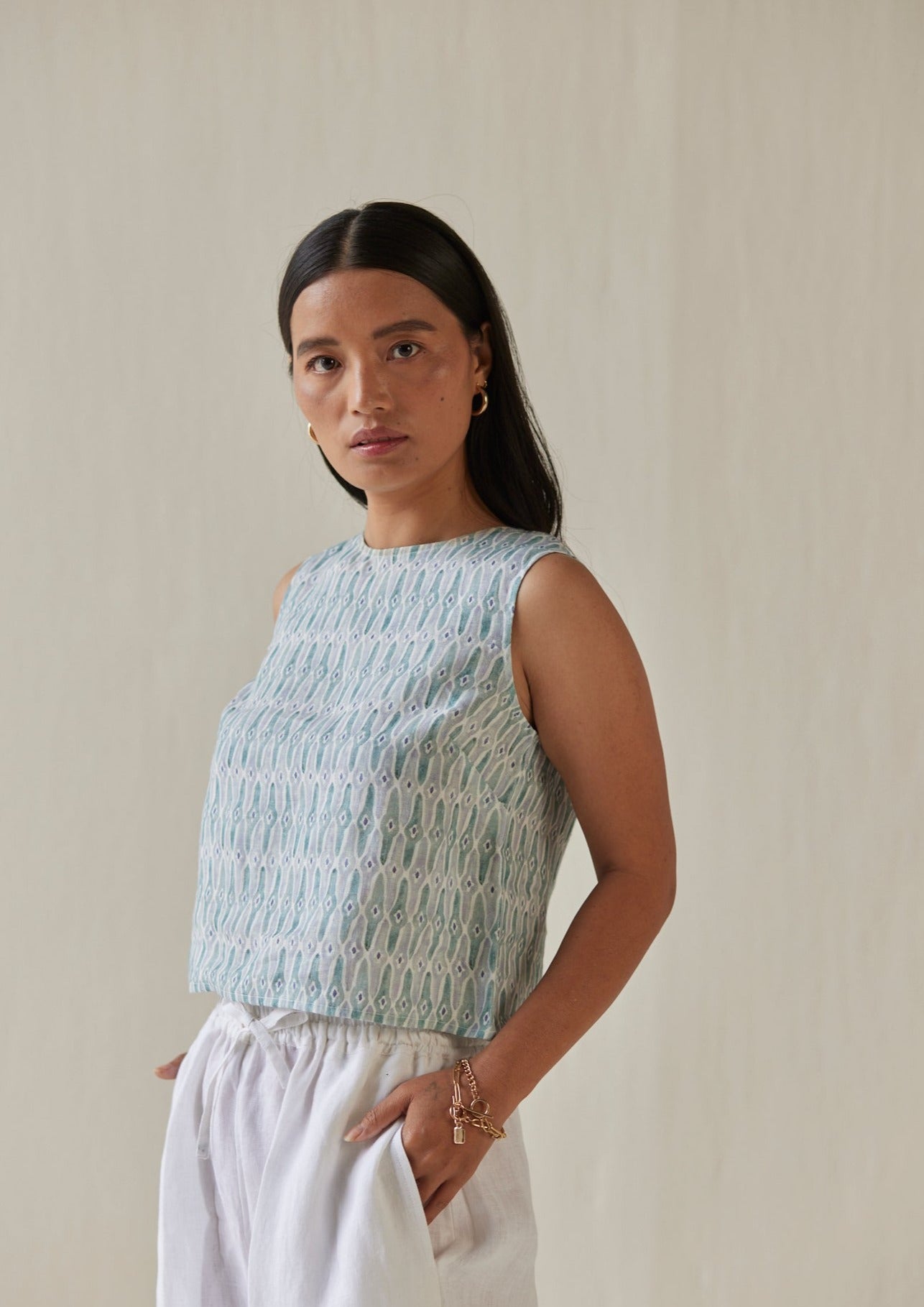 Sakura Mosaic Blue Boatneck Top