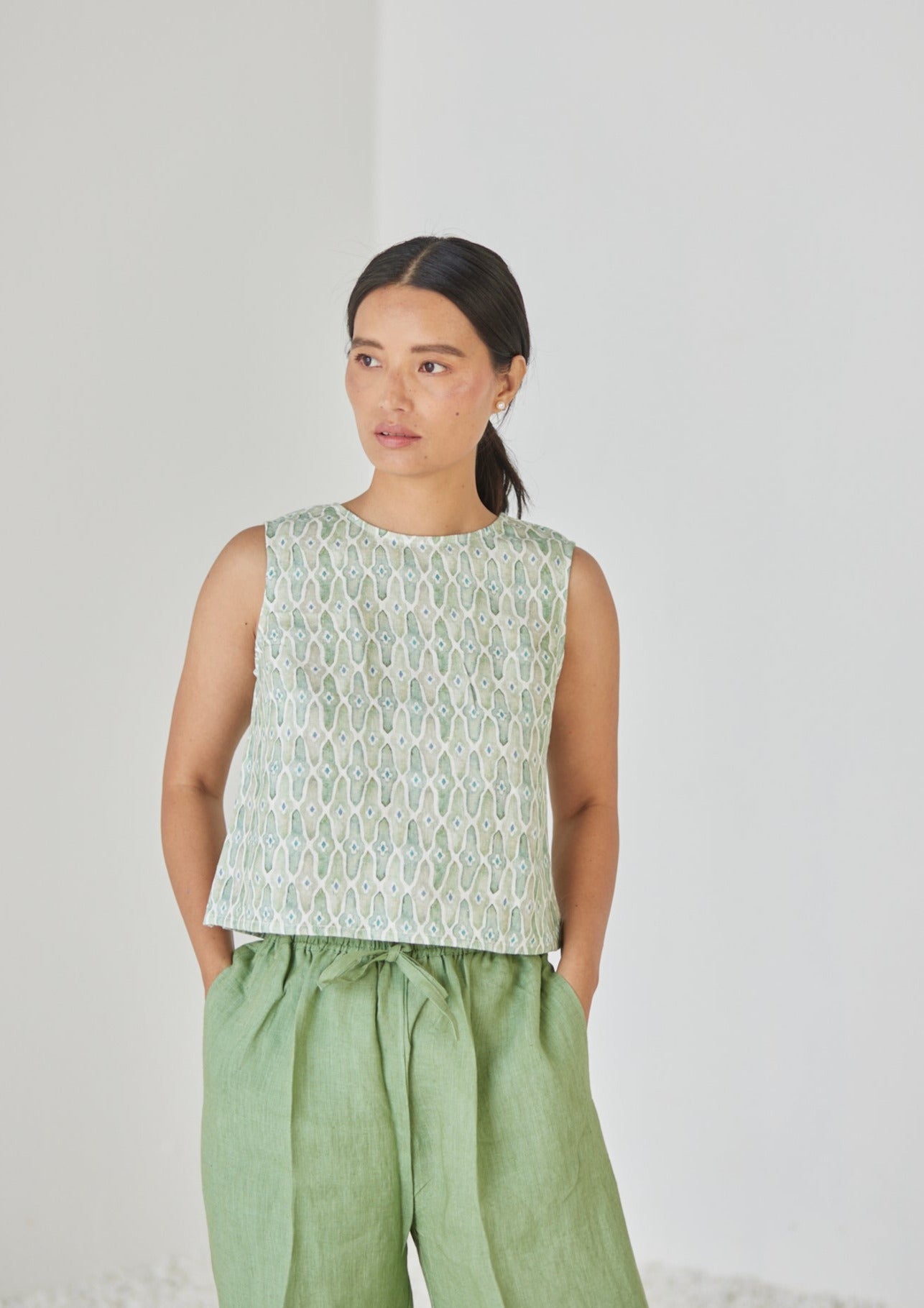 Sakura Mosaic Green Boatneck Top