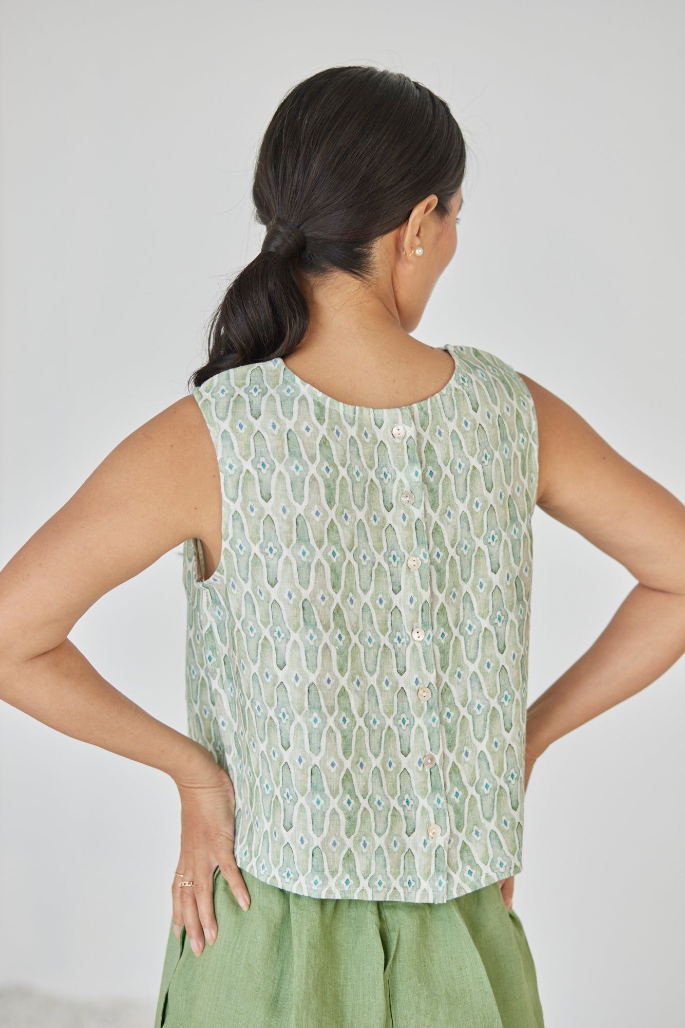 Sakura Mosaic Green Boatneck Top