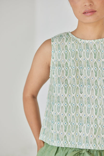 Sakura Mosaic Green Boatneck Top