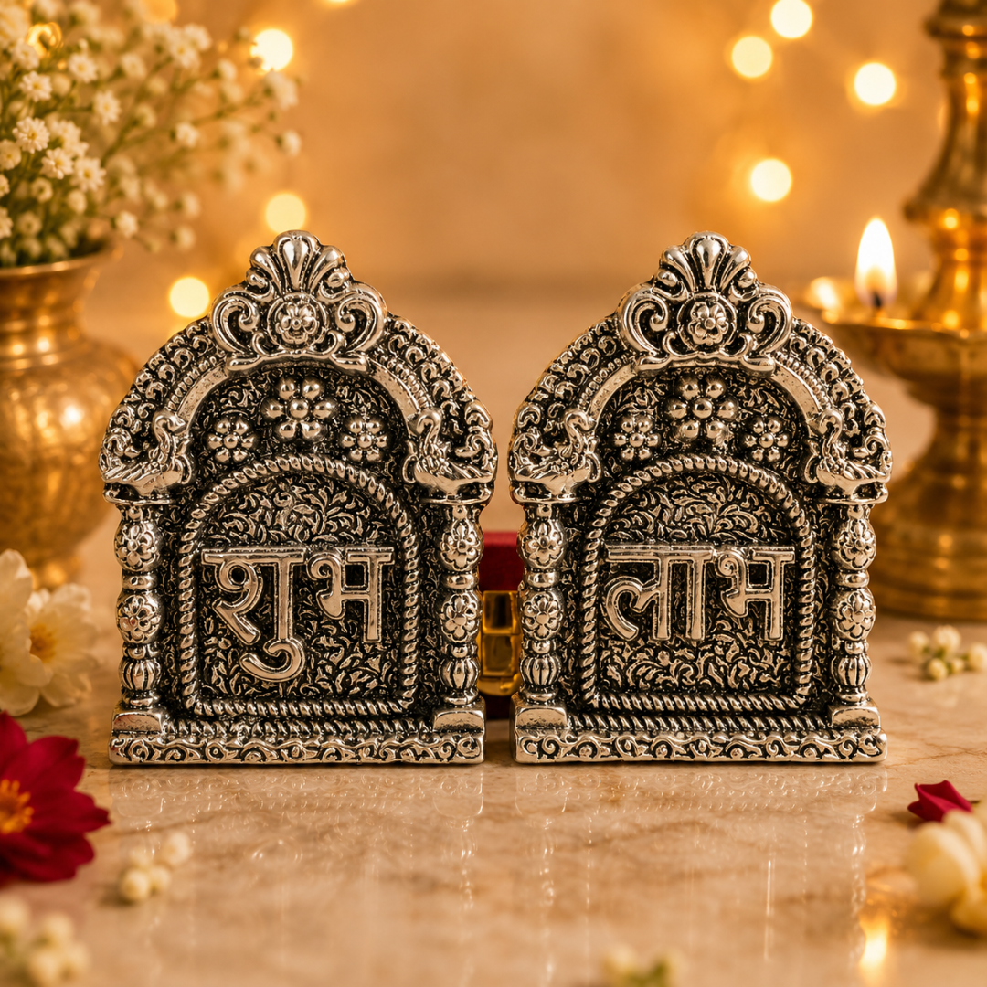 Silver Plated Shubh Labh with Red Velvet Box | Diwali & Pooja Décor | Artecasa