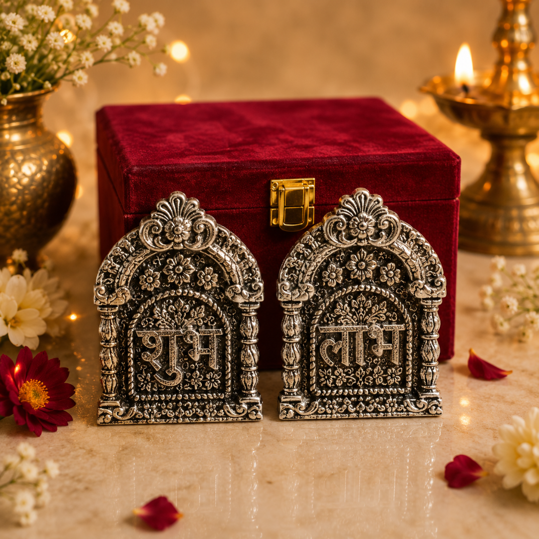 Silver Plated Shubh Labh with Red Velvet Box | Diwali & Pooja Décor | Artecasa