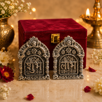 Silver Plated Shubh Labh with Red Velvet Box | Diwali & Pooja Décor | Artecasa