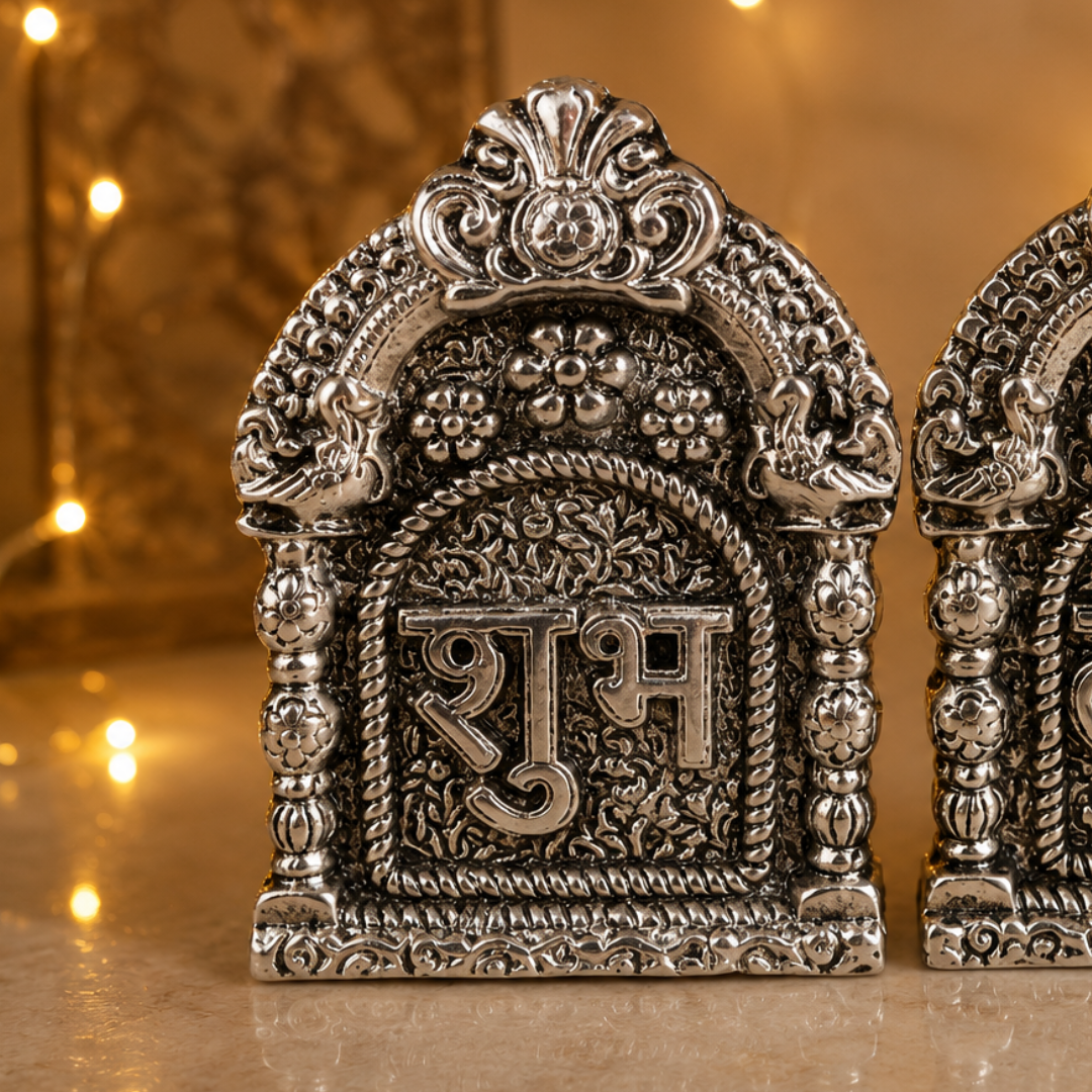 Silver Plated Shubh Labh with Red Velvet Box | Diwali & Pooja Décor | Artecasa