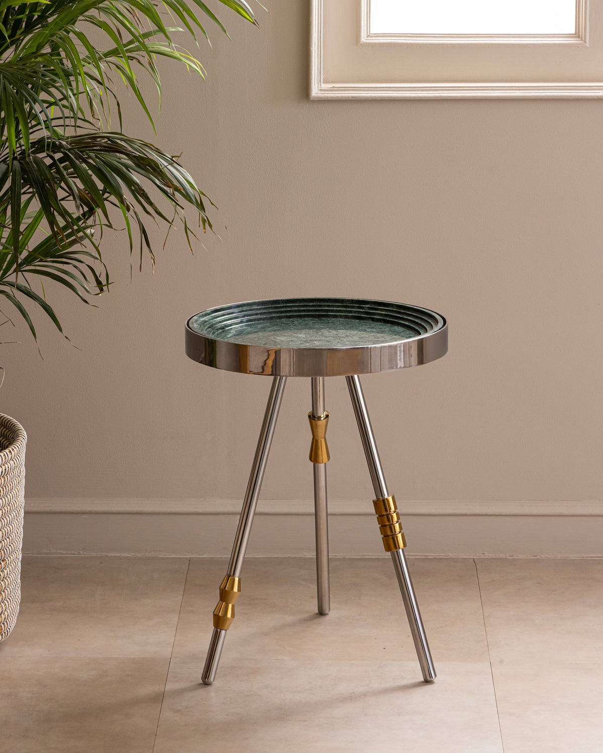 Sputnik Accent Table | Stainless Steel & Green Marble Side Table