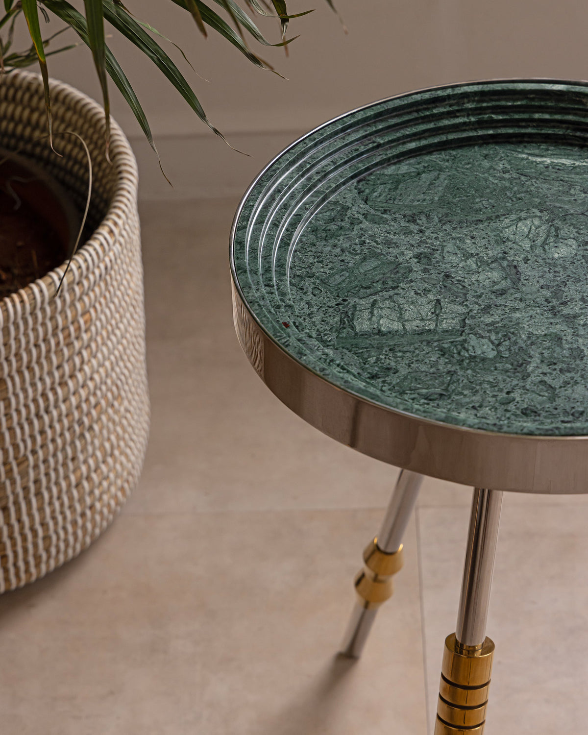 Sputnik Accent Table | Stainless Steel & Green Marble Side Table