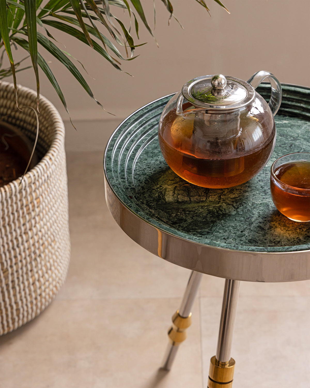 Sputnik Accent Table | Stainless Steel & Green Marble Side Table
