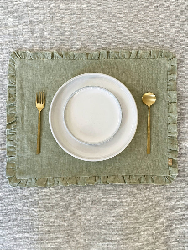 Sage Herringbone Ruffle Table Mat Set of 2