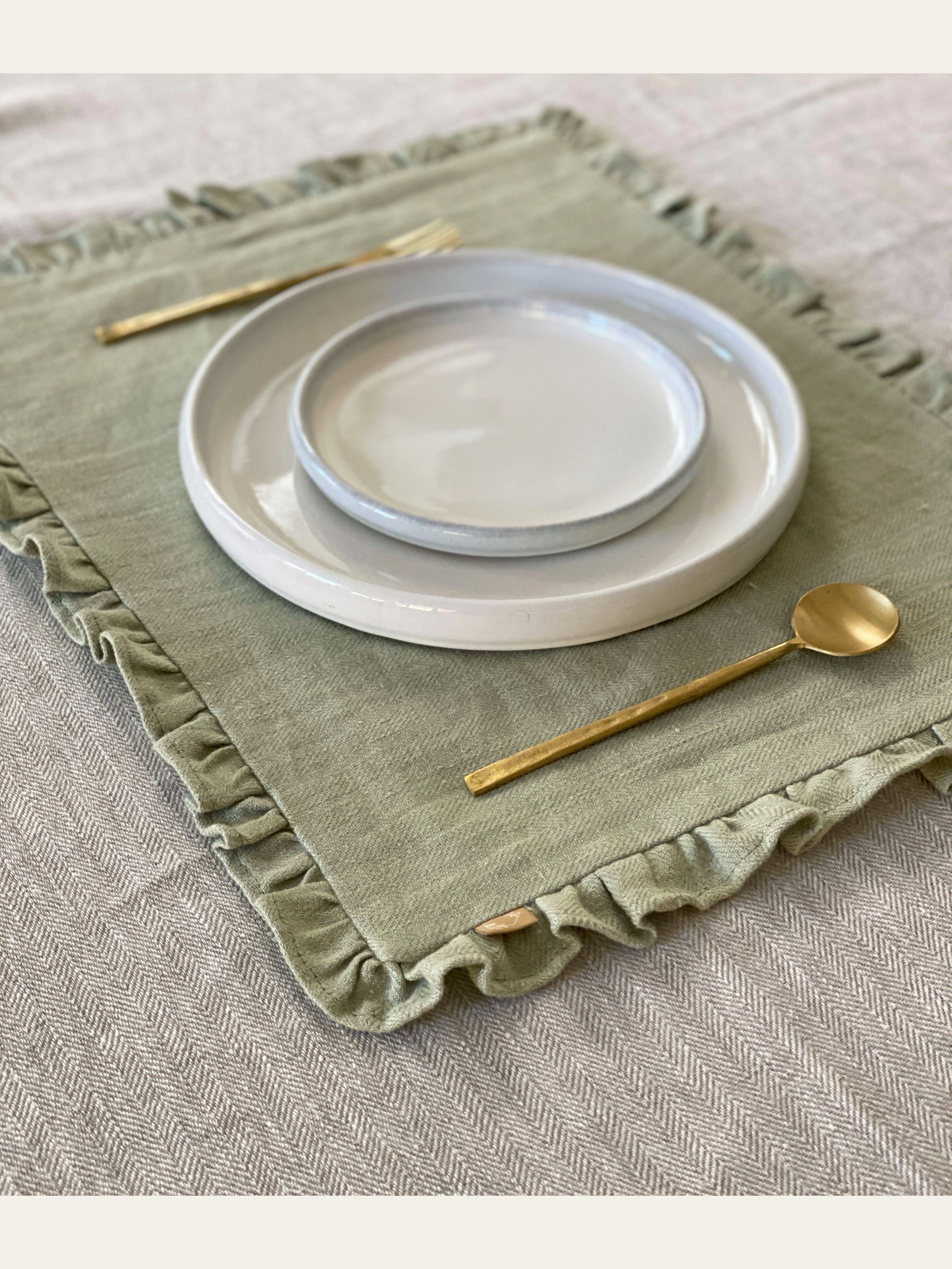 Sage Herringbone Ruffle Table Mat Set of 2