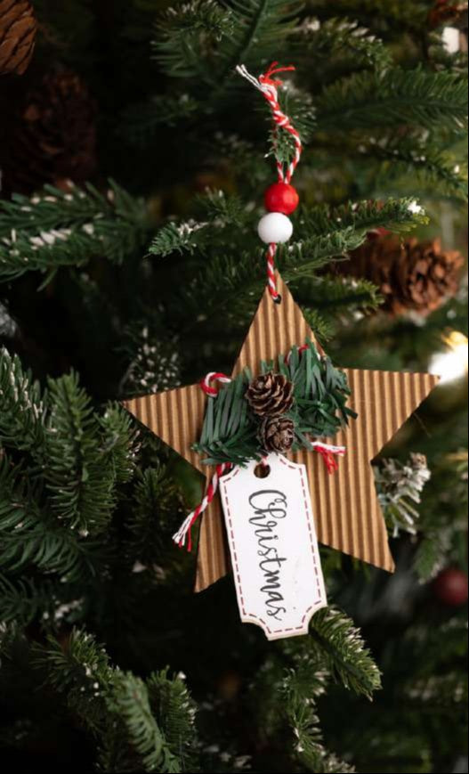 Brown Star Hanging Ornament with Pinecone and Christmas Tag_