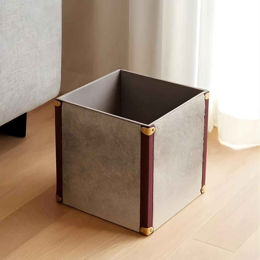 The Hairon Bin genuine hairon hide waste bin natural texture India - The Mage Home