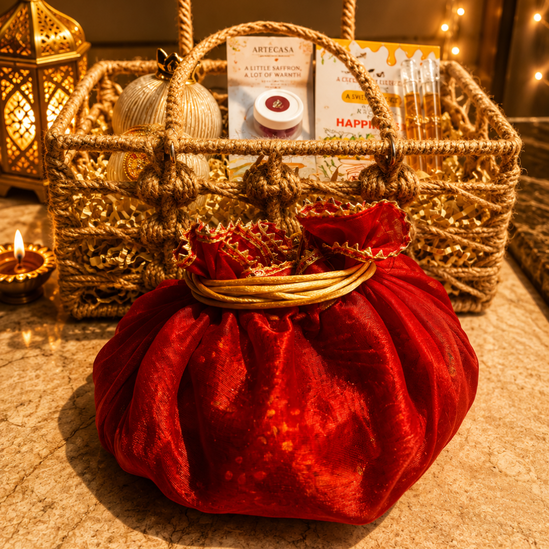 Utsav Jute Net Festive Gift Basket | Red Potli, Pomegranate & Soy Wax Candle - https://artecasa.in/