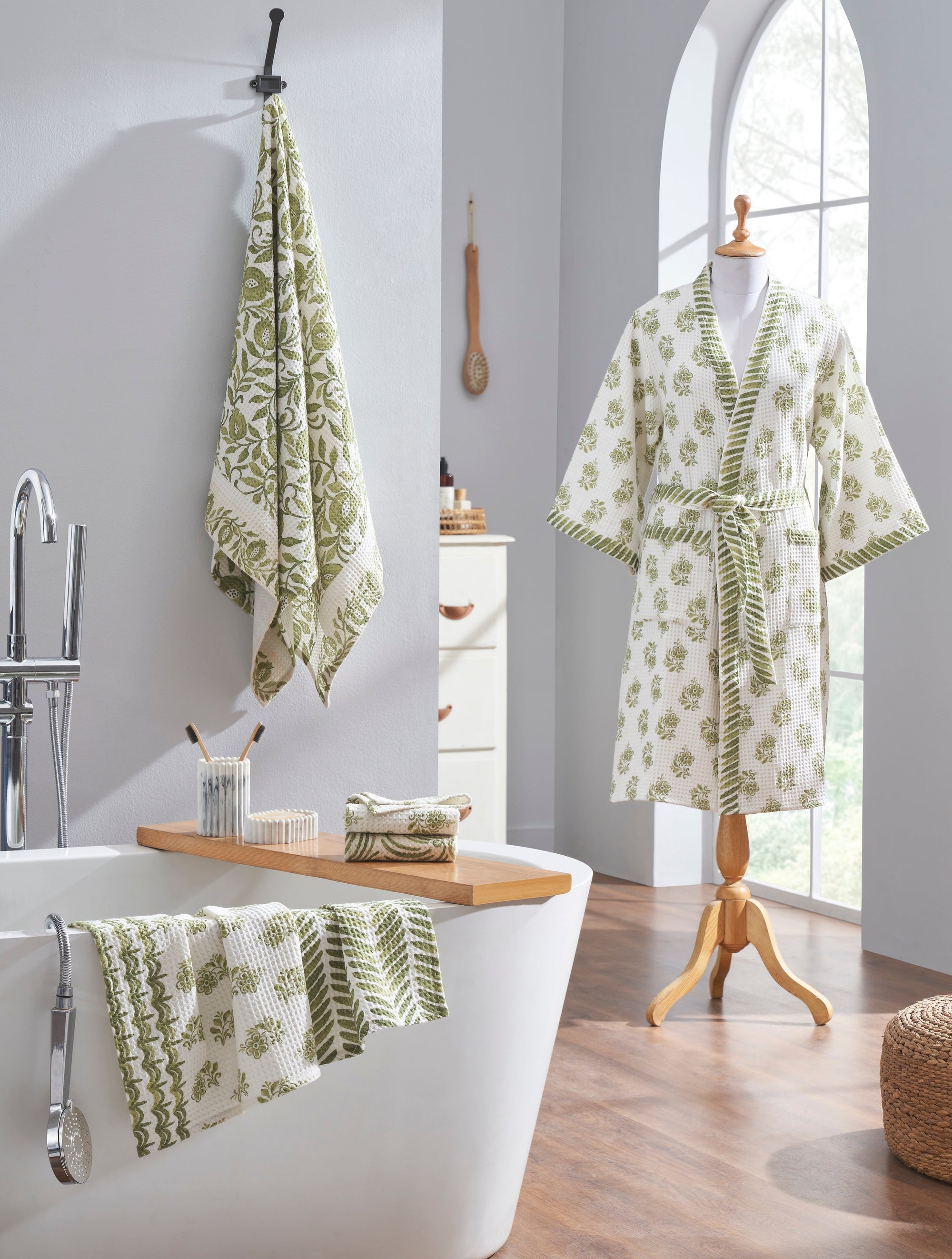 Ayna Green Cotton Waffle Bathrobe