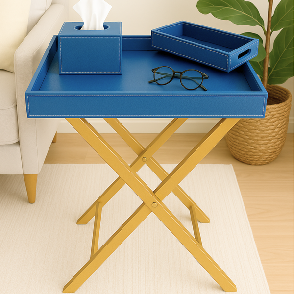 Pu Leather Foldable Tray with Metal Stand ( Ink Blue)