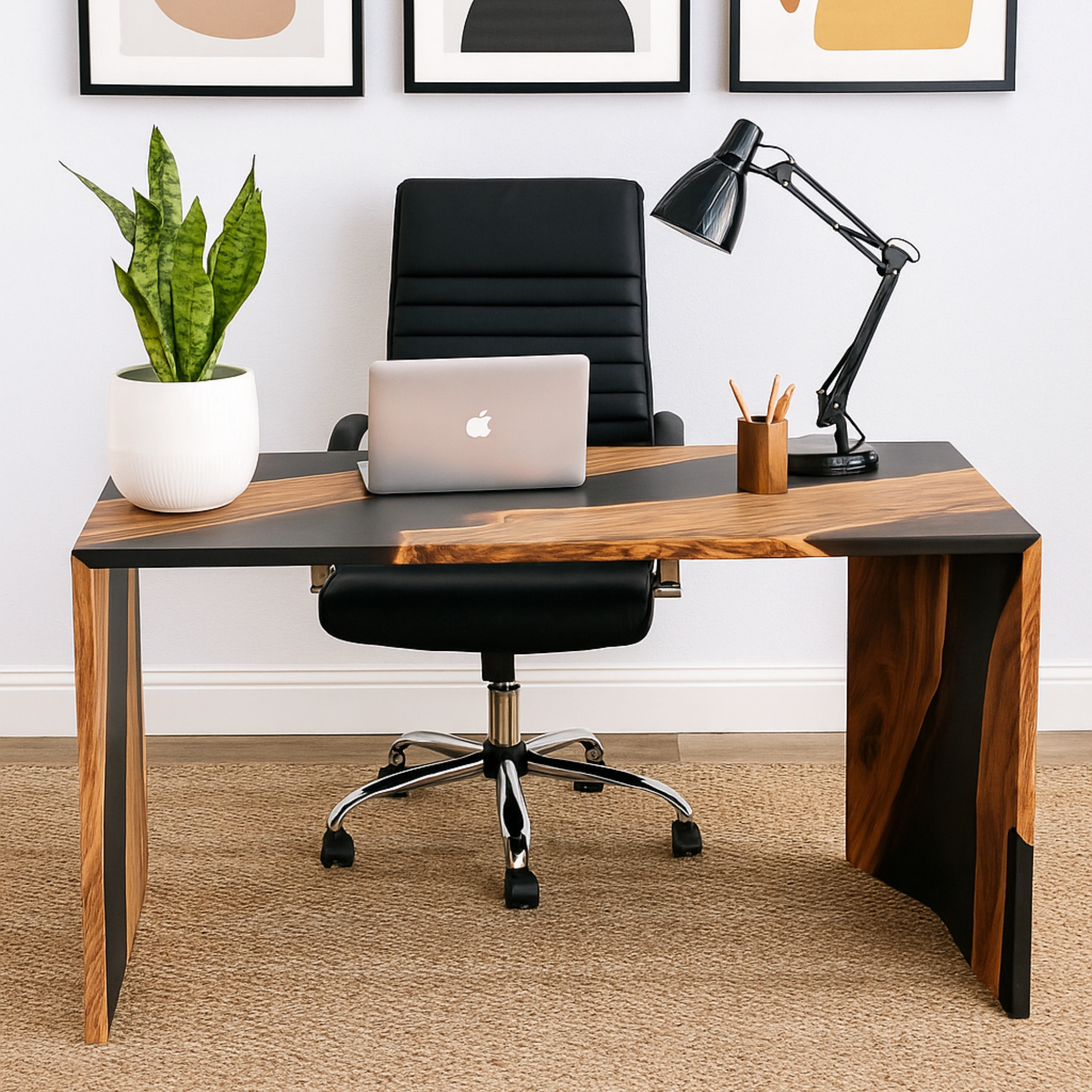Modern Live-Edge Wood & Black Epoxy Resin Table