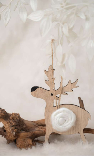 Wooden Reindeer Hanging Ornament with White Wool Detail_127