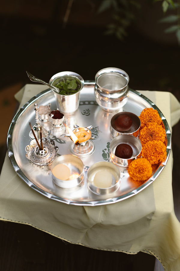 Brass Pooja Thali | Silver Finish | Set of 12