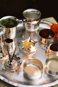 Brass Pooja Thali | Silver Finish | Set of 12