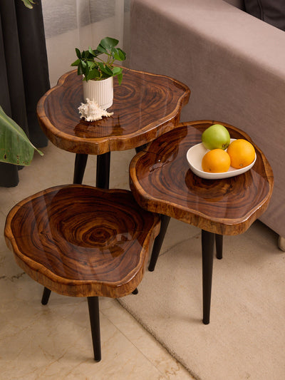 Nesting Table Set of 3 – Teak Wood with Transparent Resin Finish