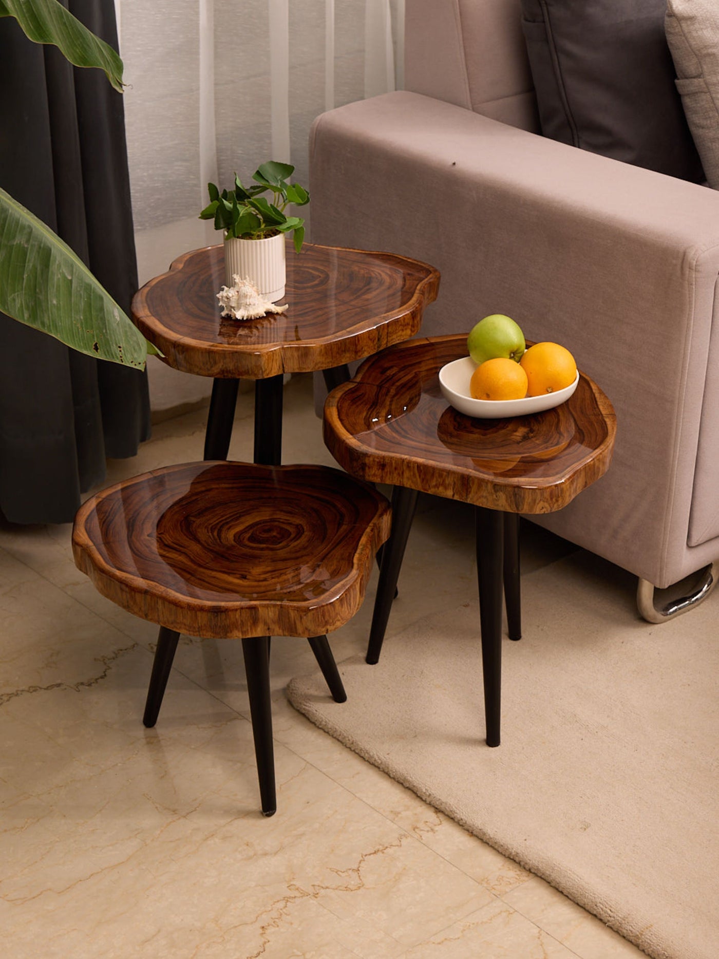 Nesting Table Set of 3 – Teak Wood with Transparent Resin Finish