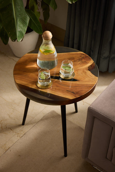 Round Coffee Table – Acacia Wood with Translucent Black Resin Finish