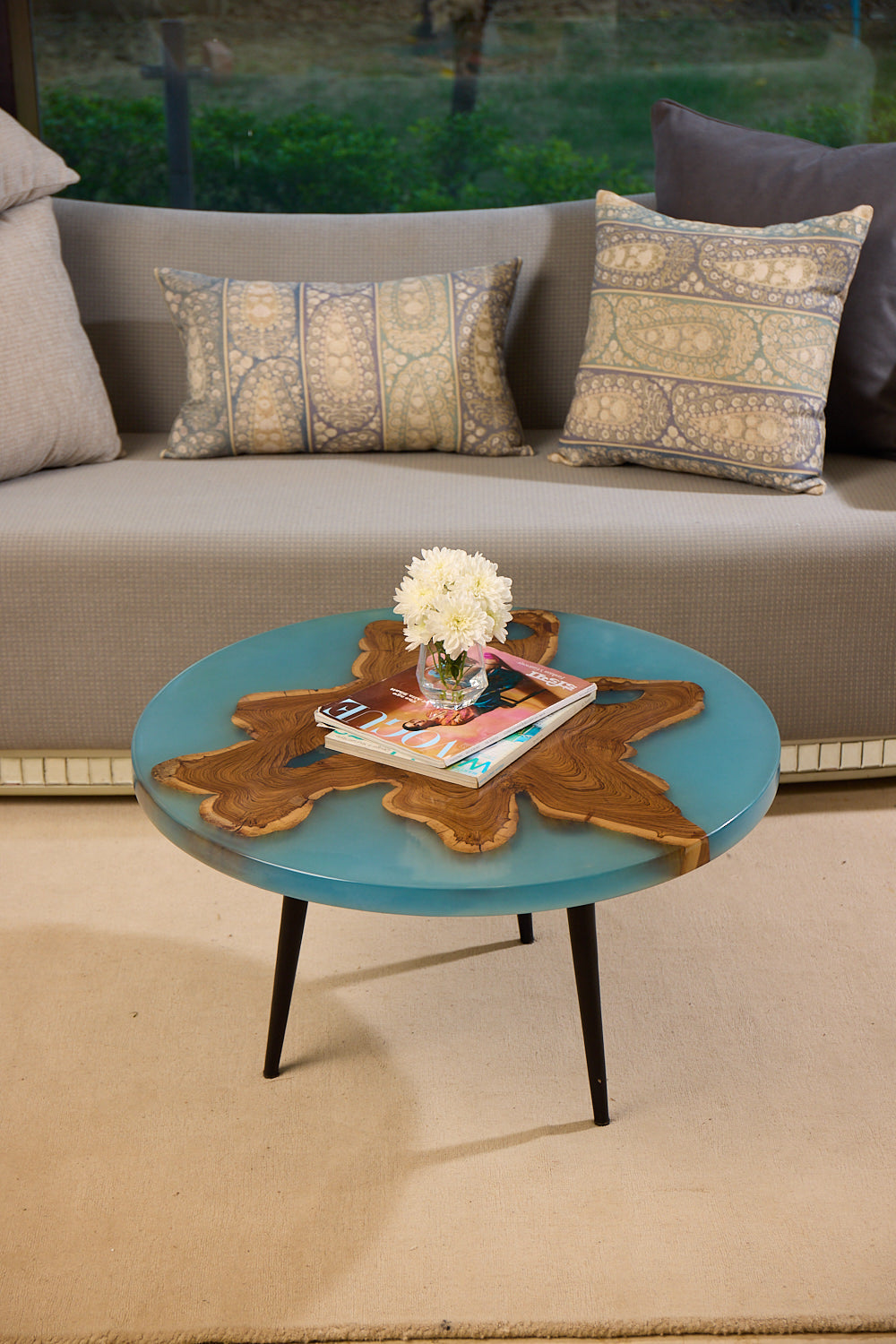 Round Coffee Table – Teak Wood with Special Blue Resin Finish