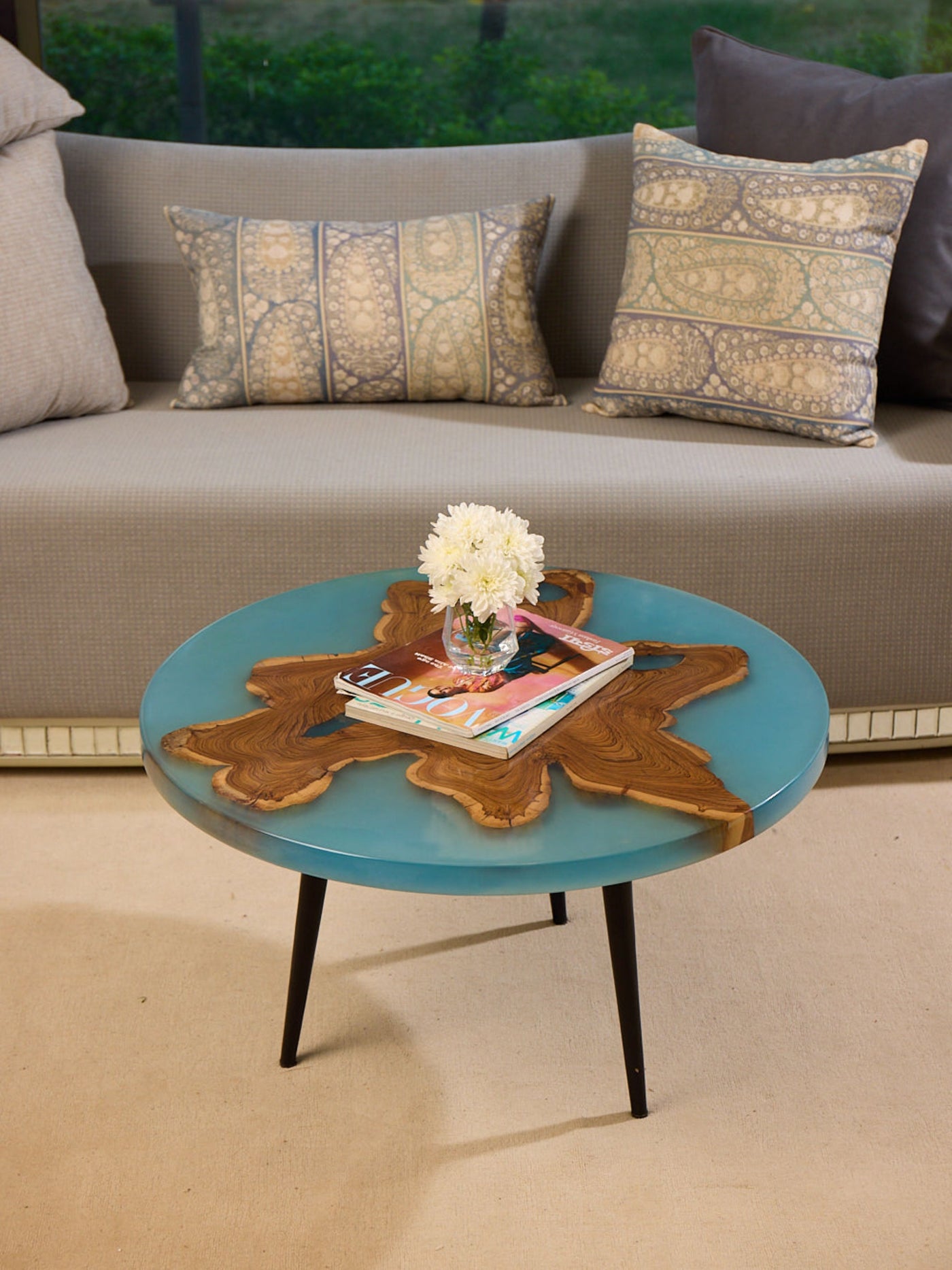 Round Coffee Table – Teak Wood with Special Blue Resin Finish