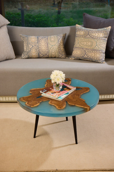 Round Coffee Table – Teak Wood with Special Blue Resin Finish