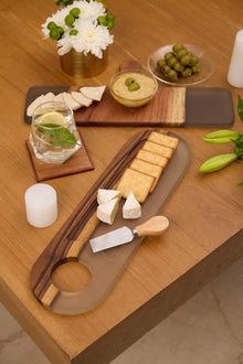 Cheese Board Cum Platter with Handle – Acacia Wood with Translucent Grey Resin Finish