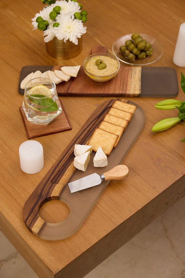 Cheese Board Cum Platter with Handle – Acacia Wood with Translucent Grey Resin Finish