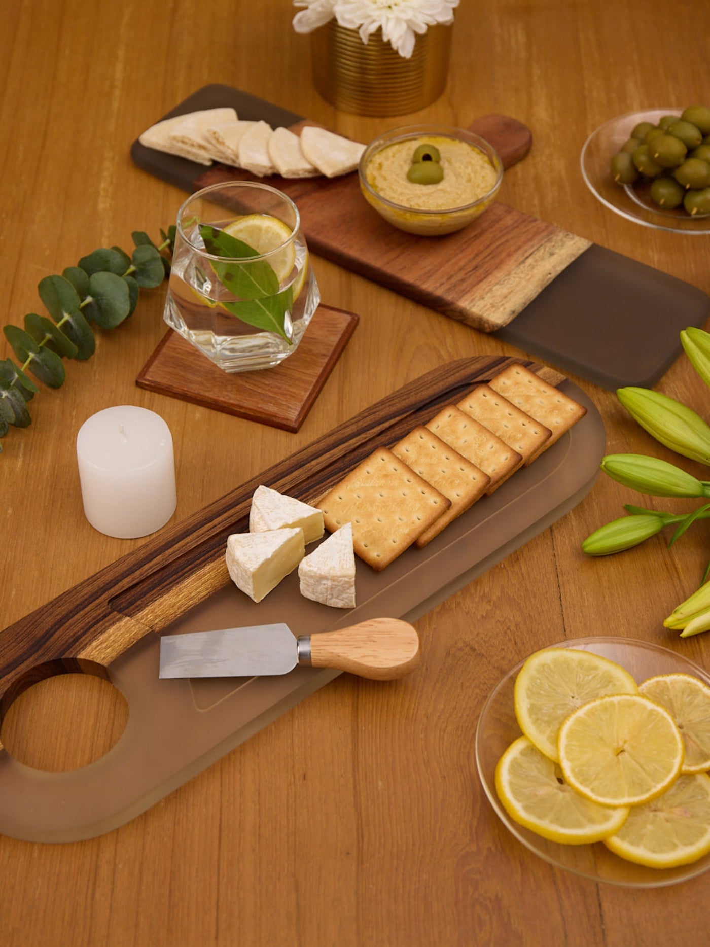 Cheese Board Cum Platter with Handle – Acacia Wood with Translucent Grey Resin Finish