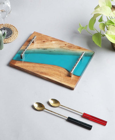 Elegant Wooden Tray - Aqua Resin Design (12" x 9")