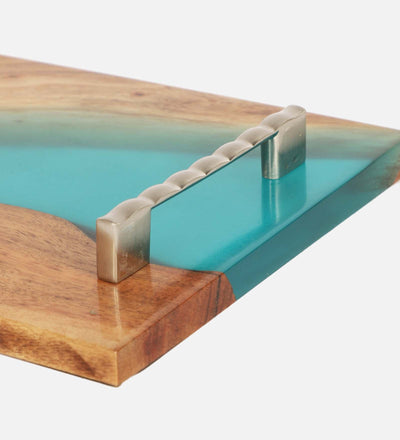 Elegant Wooden Tray - Aqua Resin Design (12" x 9")