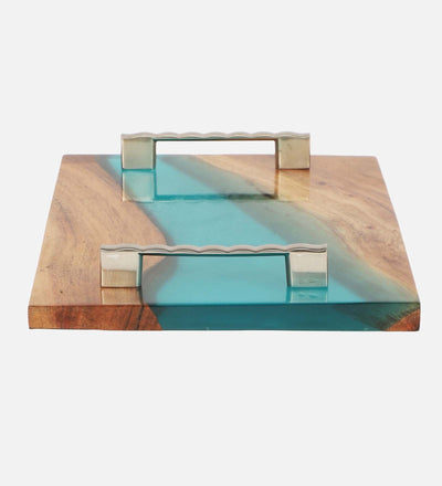 Elegant Wooden Tray - Aqua Resin Design (12" x 9")