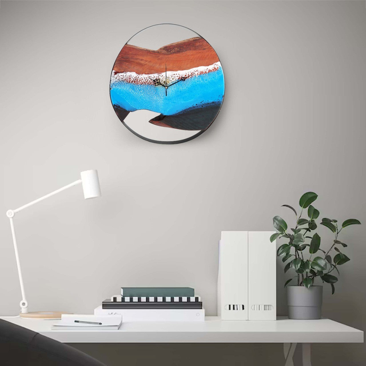 Ocean-Themed Wooden Wall Clock – Acacia Wood & Resin Elegance