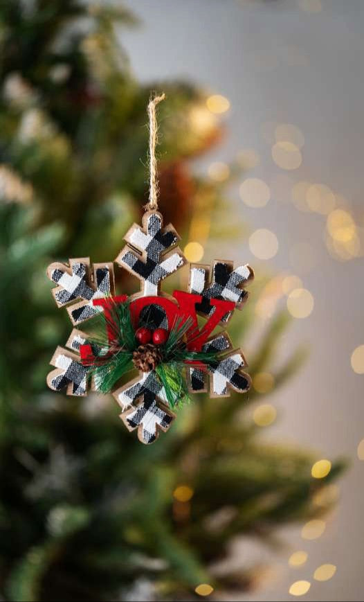 Plaid Snowflake Hanging Ornament with JOY Text_CC42